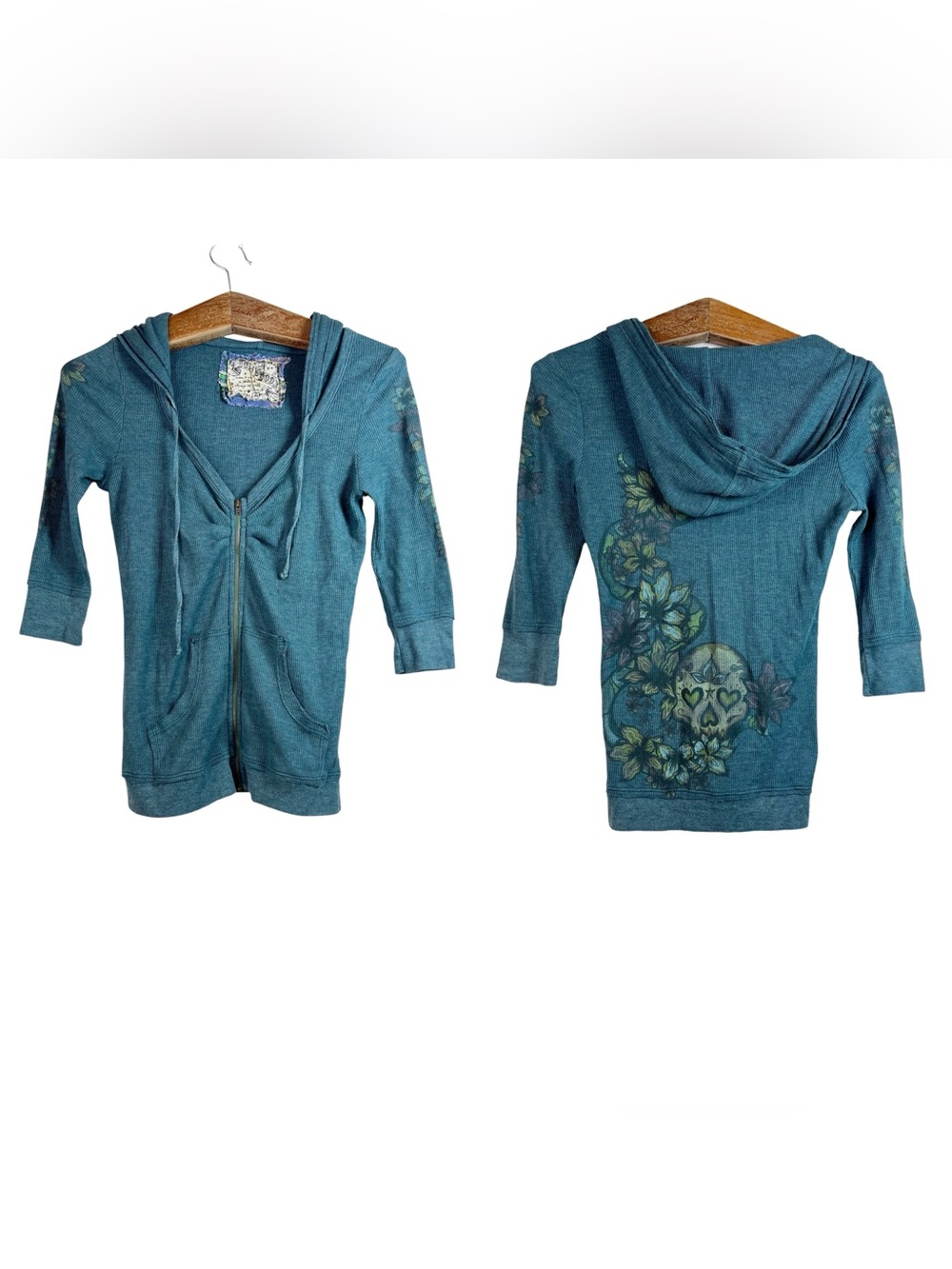 Scrapbook Green Teal Thermal Skull Floral 3/4 Sleeve Sweater Size M Y2K Grunge